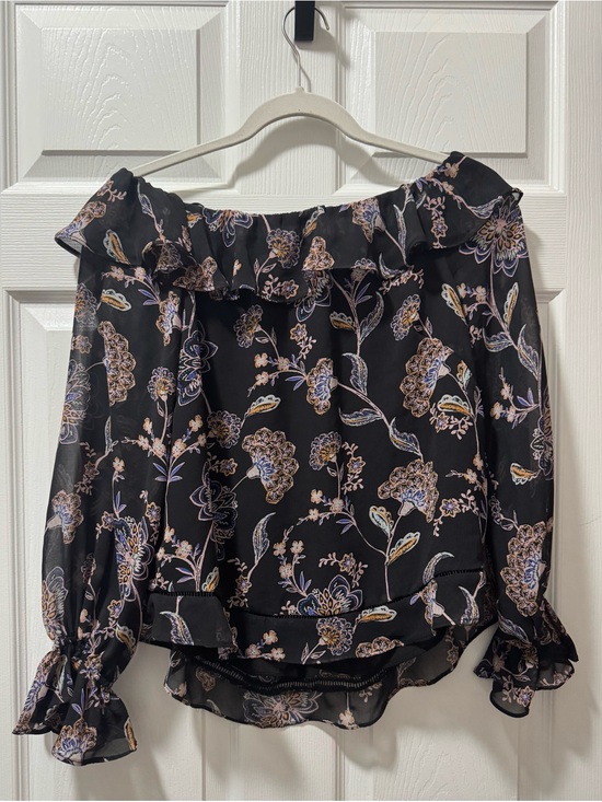 Olivaceous Tops - Olivaceous Black Floral Off-Shoulder Ruffle Blouse